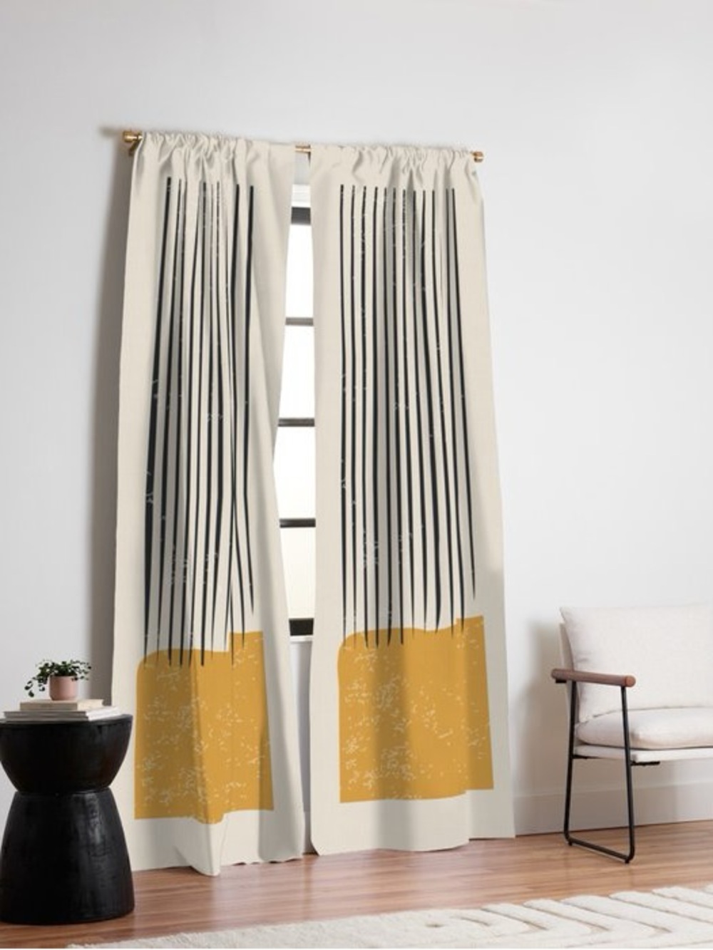 Society6 Ivory Curtains with Black Vertical Stripes and Mustard Blocks